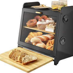 SNTD Bread Box, Wooden Bread Storage Container for Kitchen Countertop with Bamboo Cutting Board, Black (L)